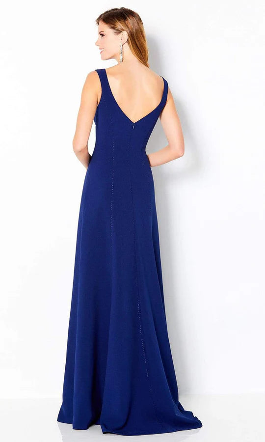 Elegant A-Line V-Neck Sleeveless Beaded-Back Navy Crepe Floor-Length Mother of the Bride Dresses