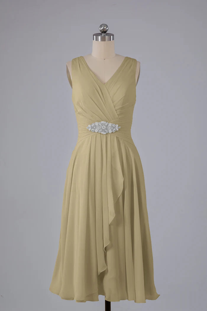 Elegant A-Line V-Neck Sleeveless Beaded-Belt Knee-Length Bridesmaid Dresses