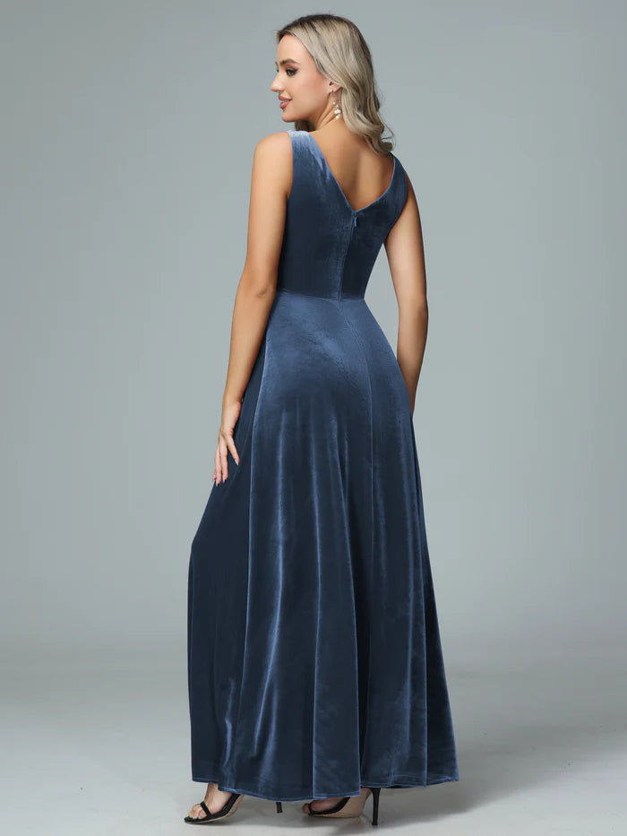 Elegant A-Line V-Neck Sleeveless V-Back Slate Blue Velvet Floor-Length Bridesmaid Dresses