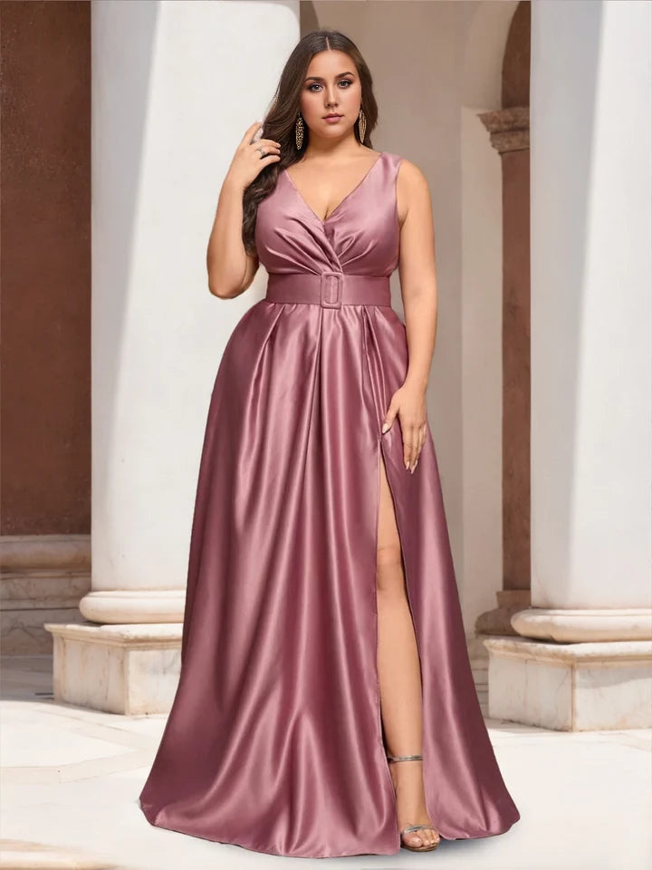 Plus Size Elegant A - Line V - Neck Sleeveless Zipper Back Long Length Prom Dresses