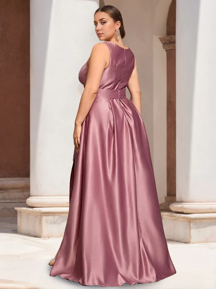 Plus Size Elegant A - Line V - Neck Sleeveless Zipper Back Long Length Prom Dresses