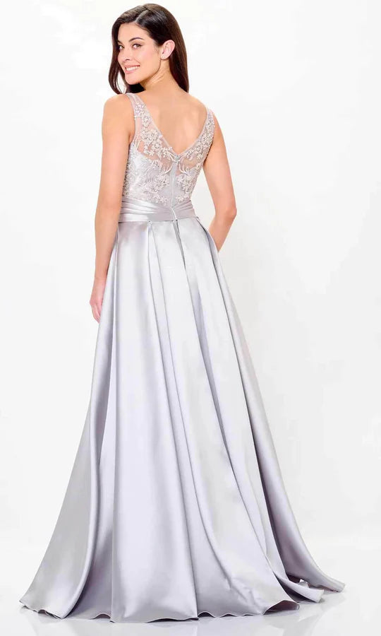 Elegant A-Line V-Neck Spaghetti-Strap Lace-Back Silver Satin Floor-Length Mother of the Bride Dresses