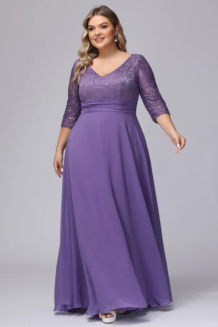 Plus Size Elegant A-Line V-Neck Three-Quarter-Lace-Sleeve Deep-V-Back Lavender Chiffon Floor-Length Bridesmaid Dresses