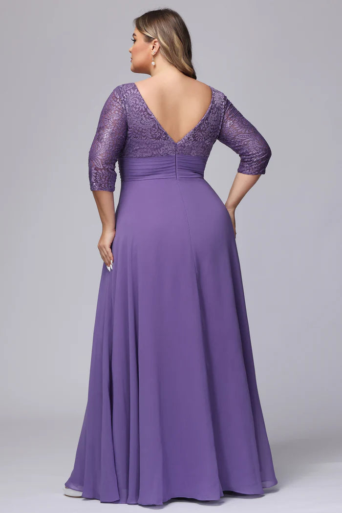 Plus Size Elegant A-Line V-Neck Three-Quarter-Lace-Sleeve Deep-V-Back Lavender Chiffon Floor-Length Bridesmaid Dresses