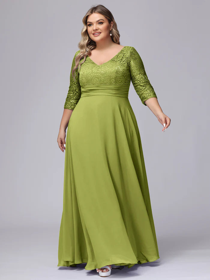 Plus Size Elegant A-Line V-Neck Three-Quarter-Lace-Sleeve Deep-V-Back Olive Chiffon Floor-Length Bridesmaid Dresses