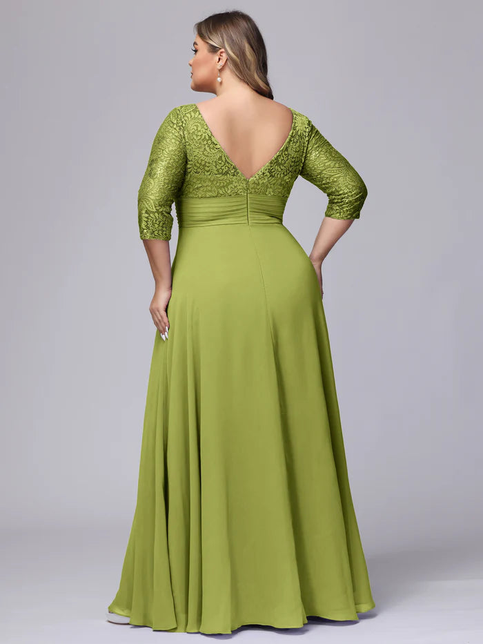 Plus Size Elegant A-Line V-Neck Three-Quarter-Lace-Sleeve Deep-V-Back Olive Chiffon Floor-Length Bridesmaid Dresses