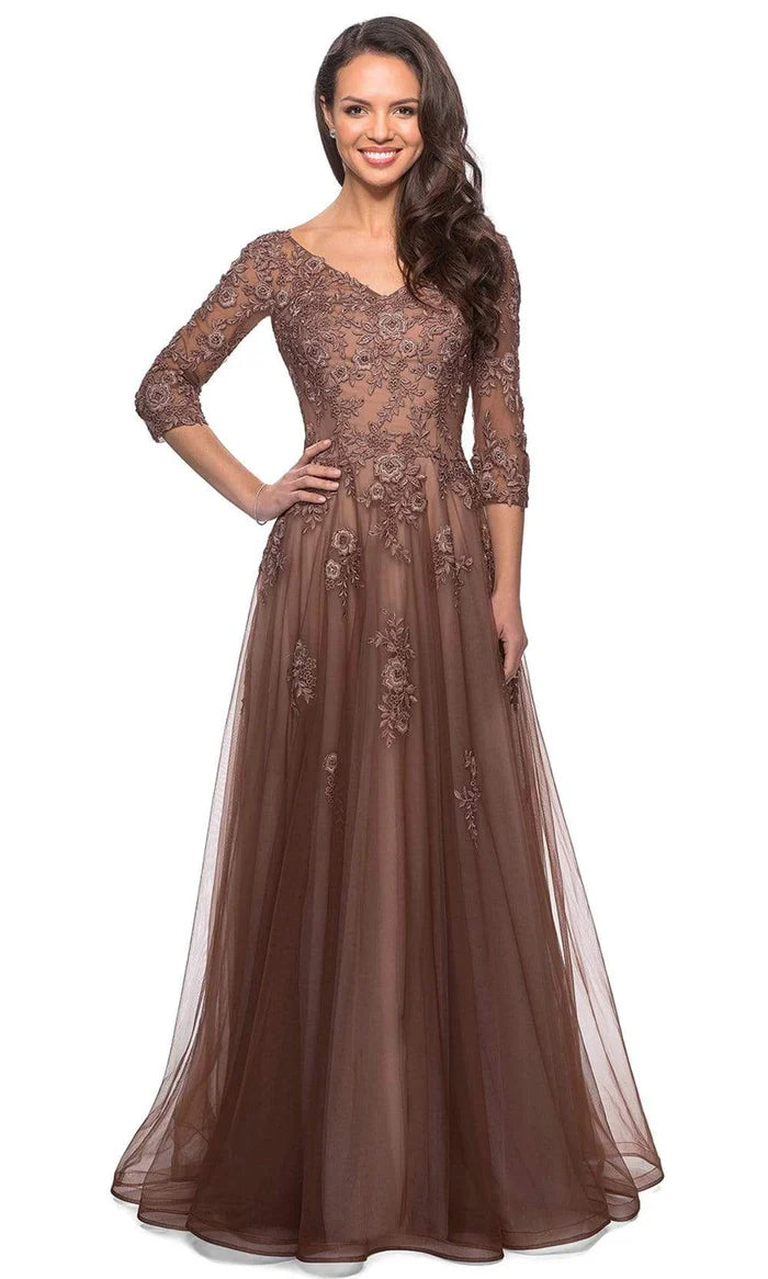 Elegant A-Line V-Neck Three-Quarter-Sleeve Lace-Back Mocha Floral-Embroidered Tulle Floor-Length Mother of the Bride Dresses