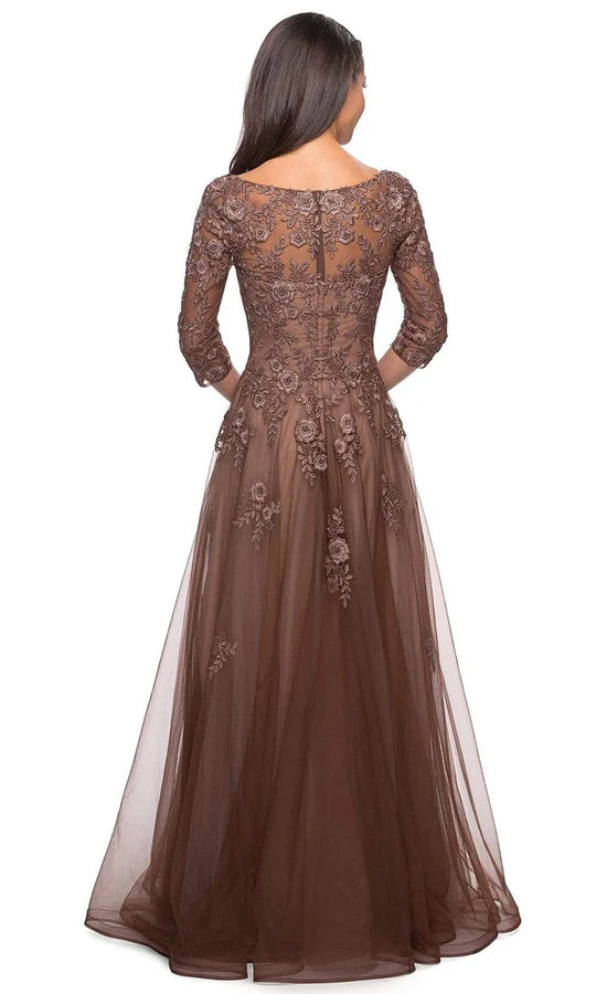 Elegant A-Line V-Neck Three-Quarter-Sleeve Lace-Back Mocha Floral-Embroidered Tulle Floor-Length Mother of the Bride Dresses