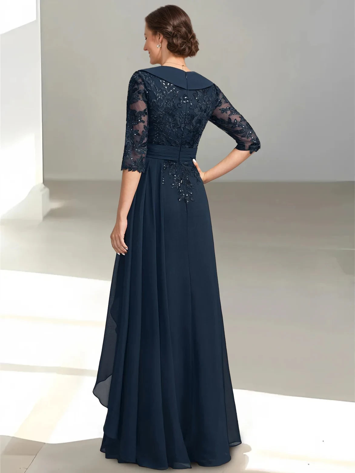 Elegant A - Line V - Neck Three - Quarter Sleeve Zipper Back Floor - Length Mother of the Bride Dresses