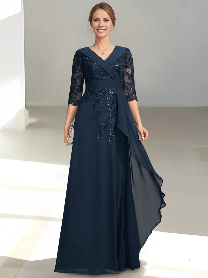 Elegant A - Line V - Neck Three - Quarter Sleeve Zipper Back Floor - Length Mother of the Bride Dresses