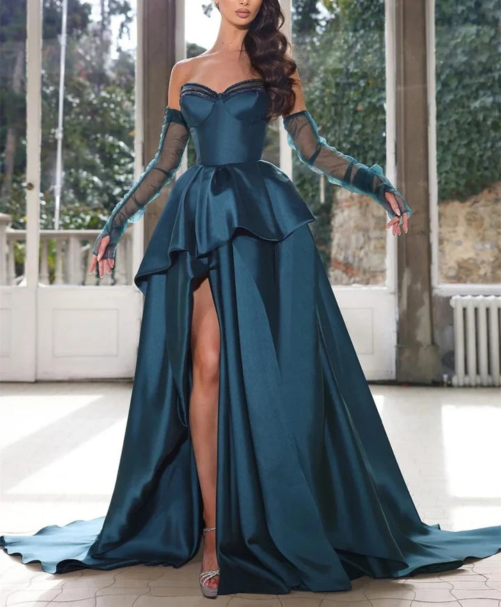 Elegant Ball Gown Off - Shoulder Sheer Long Sleeve Zipper Back Long Length Prom Dresses