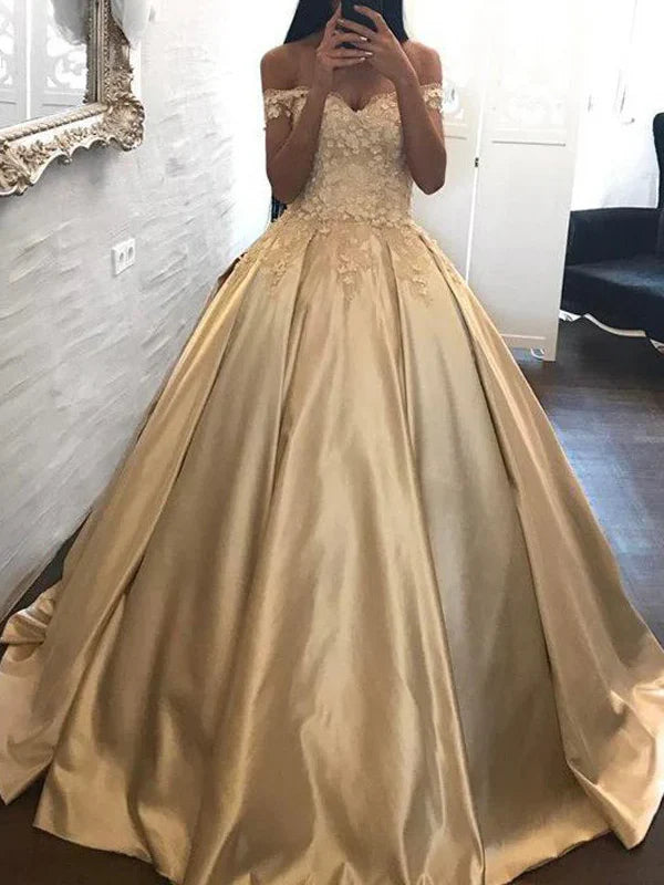 Elegant Ball Gown Off - Shoulder Short Sleeve Lace - Up Back Long Length Quinceanera Dresses