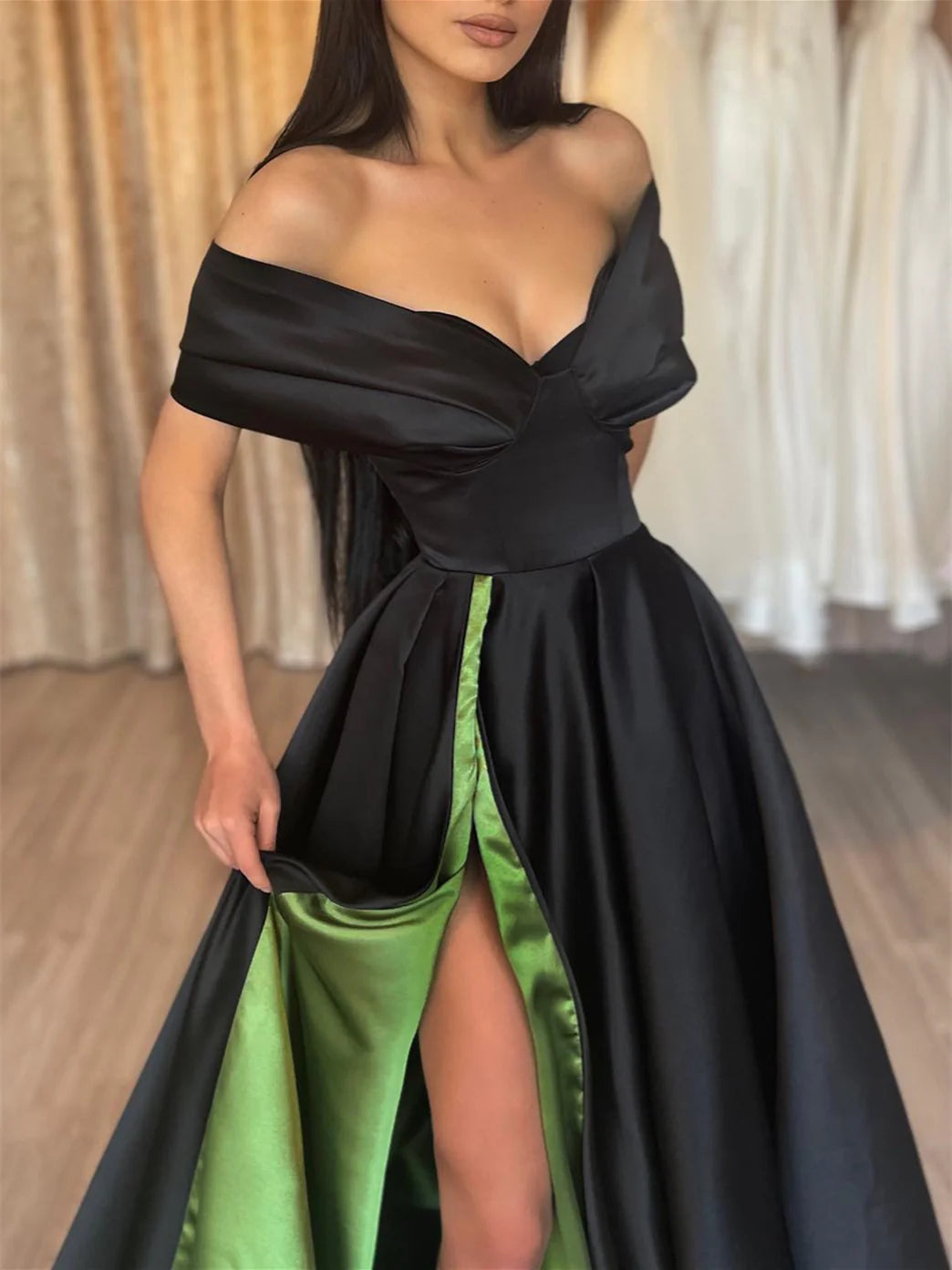 Elegant Ball - Gown Off - Shoulder Short - Sleeve Zipper Back Floor - Length Evening Gown