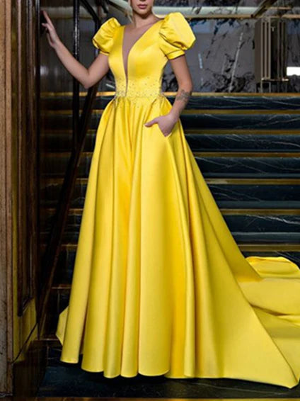 Elegant Ball - Gown Plunging V - Neck Puff - Sleeve Zipper Back Floor - Length Evening Gown