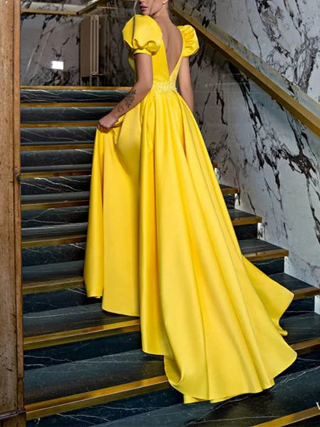 Elegant Ball - Gown Plunging V - Neck Puff - Sleeve Zipper Back Floor - Length Evening Gown