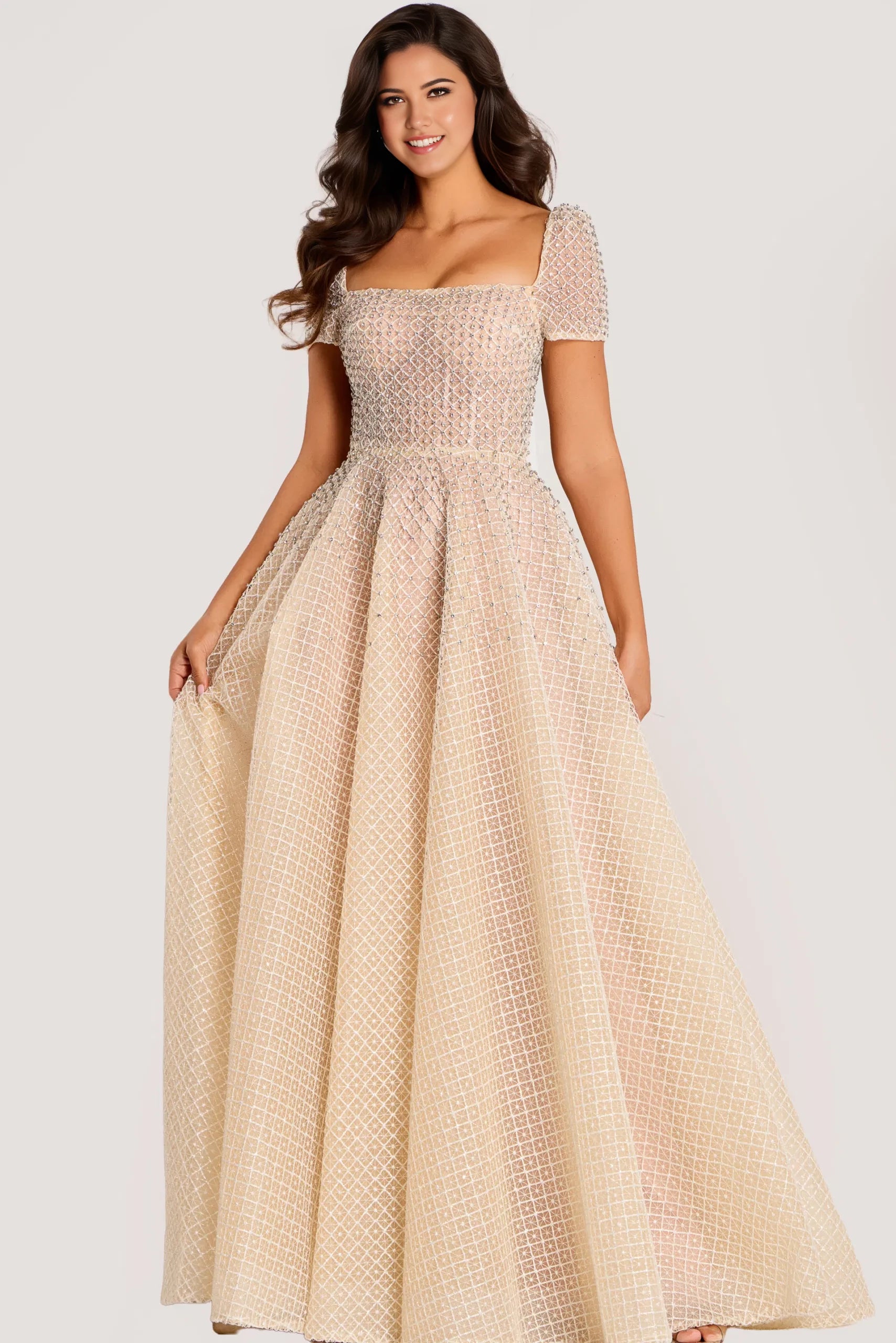 Elegant Ball Gown Square Neck Beaded-Accent Short-Sleeve Long Length Evening Dresses