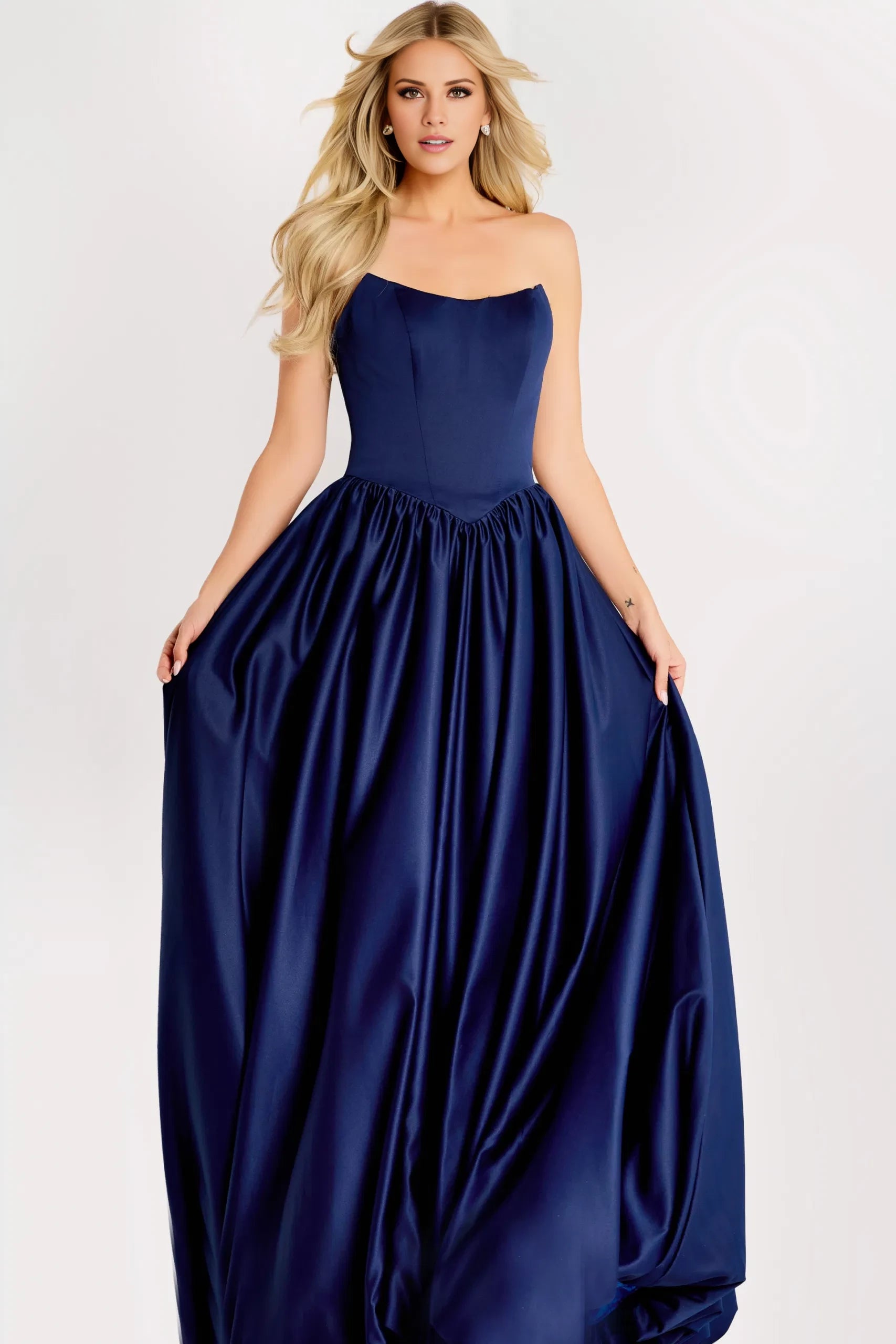 Elegant Ball Gown Strapless Satin Pocket-Accent Long Length Evening Dresses