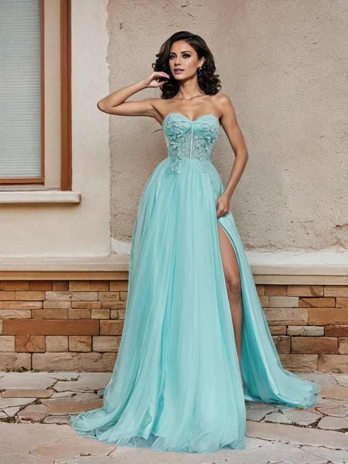 Elegant Ball Gown Strapless Sleeveless Lace - Up Back Long Length Prom Dresses
