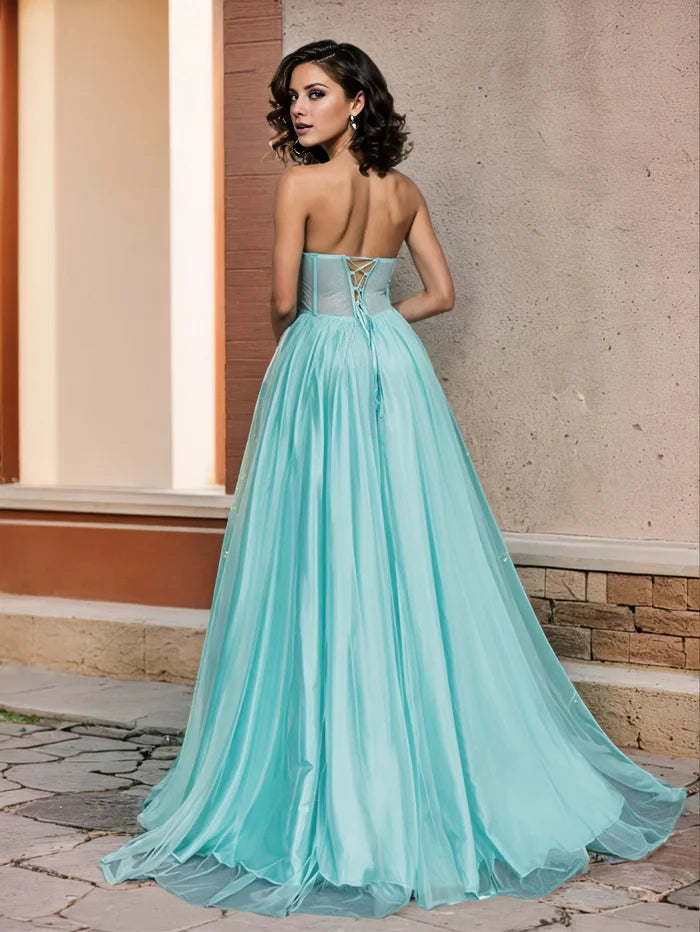 Elegant Ball Gown Strapless Sleeveless Lace - Up Back Long Length Prom Dresses