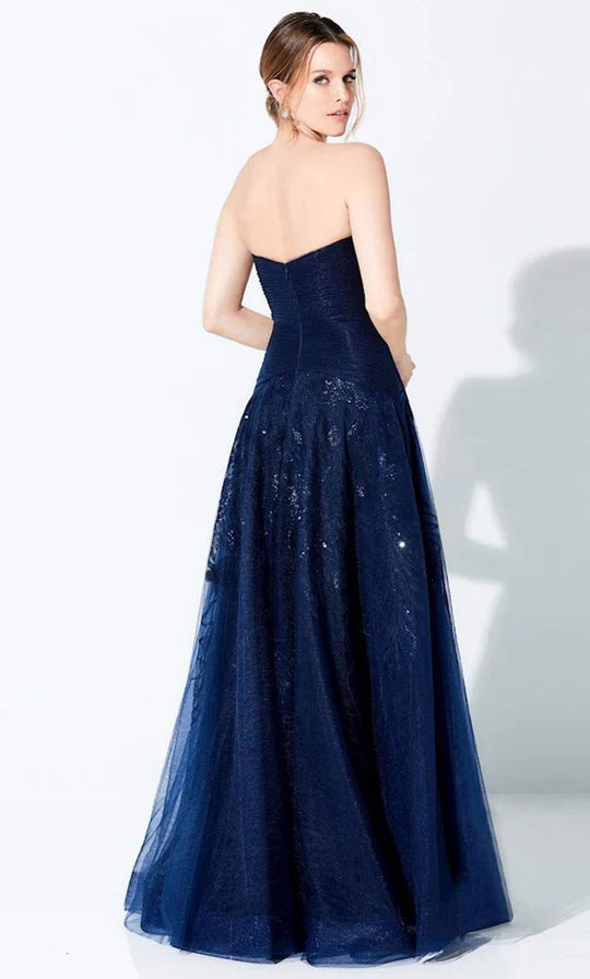 Elegant Ball Gown Sweetheart Strapless Ruched-Beaded-Back Navy Tulle Floor-Length Mother of the Bride Dresses