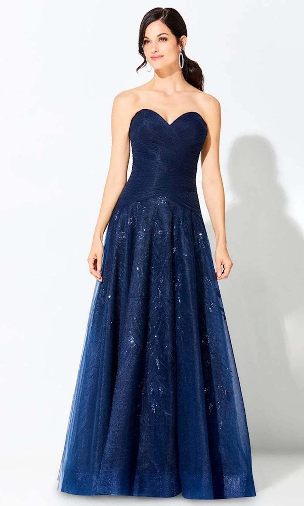 Elegant Ball Gown Sweetheart Strapless Ruched-Beaded-Back Navy Tulle Floor-Length Mother of the Bride Dresses