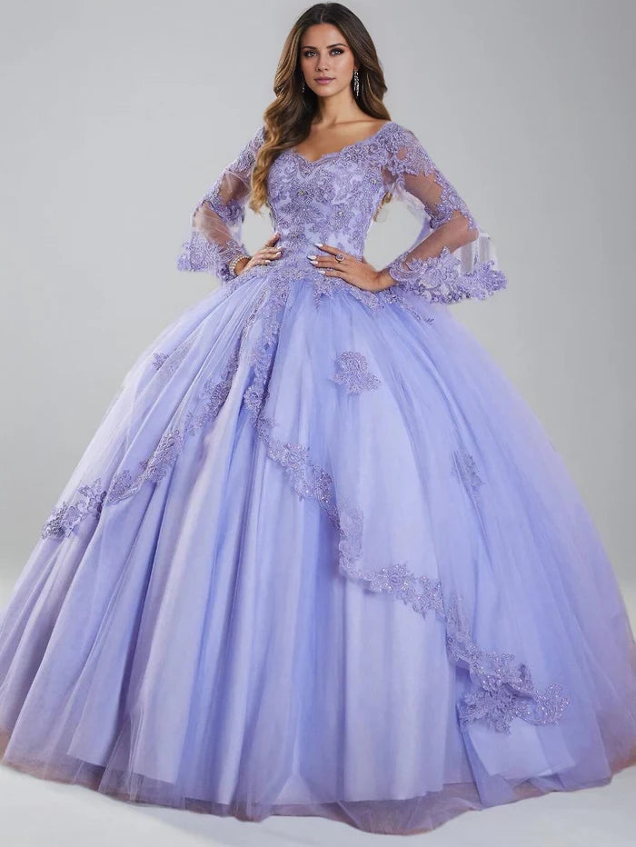 Elegant Ball Gown V - Neck Long Sleeve Lace - Up Back Long Length Quinceanera Dresses