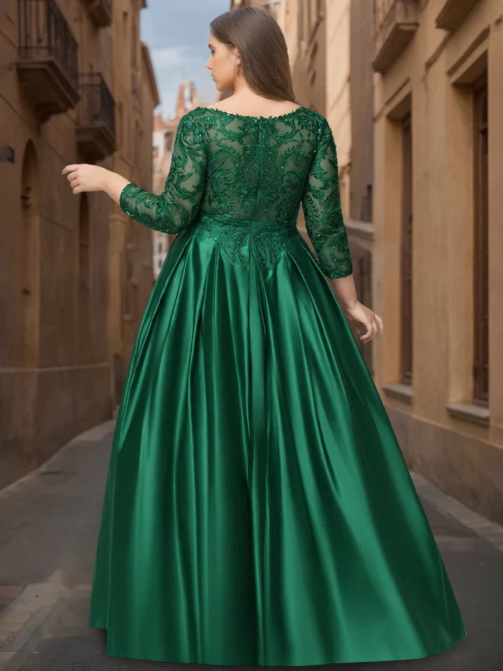 Plus Size Elegant Ball Gown V - Neck Three - Quarter Sleeve Zipper Back Long Length Prom Dresses