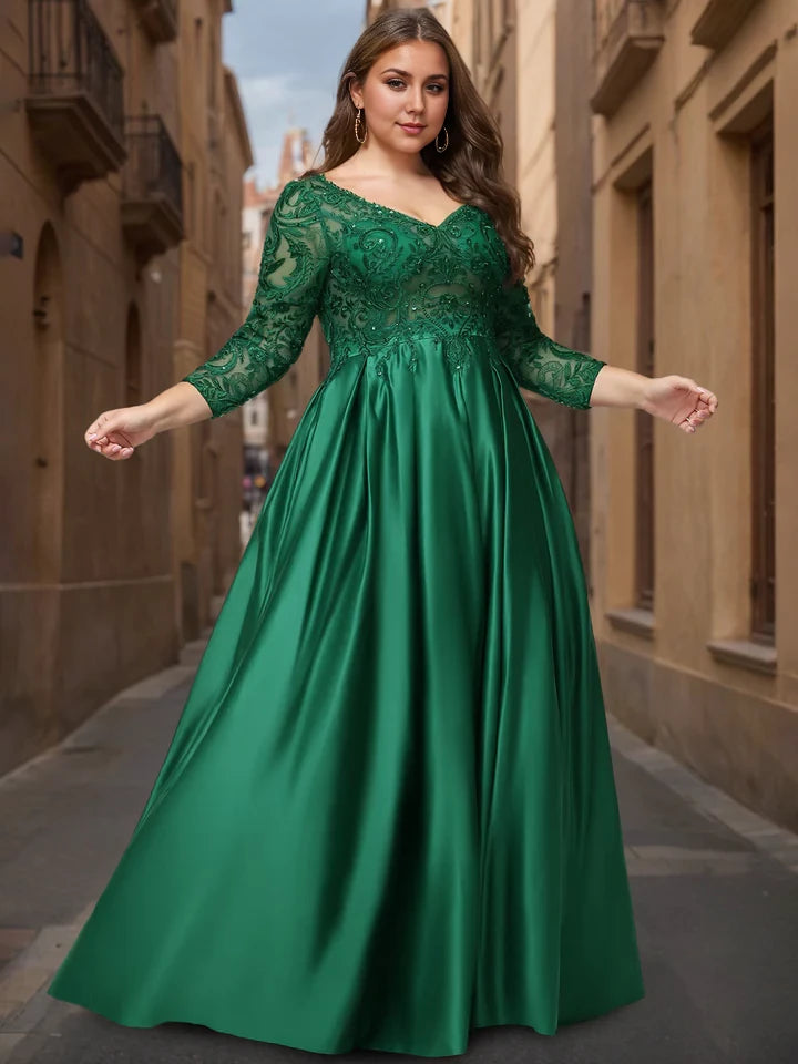 Plus Size Elegant Ball Gown V - Neck Three - Quarter Sleeve Zipper Back Long Length Prom Dresses
