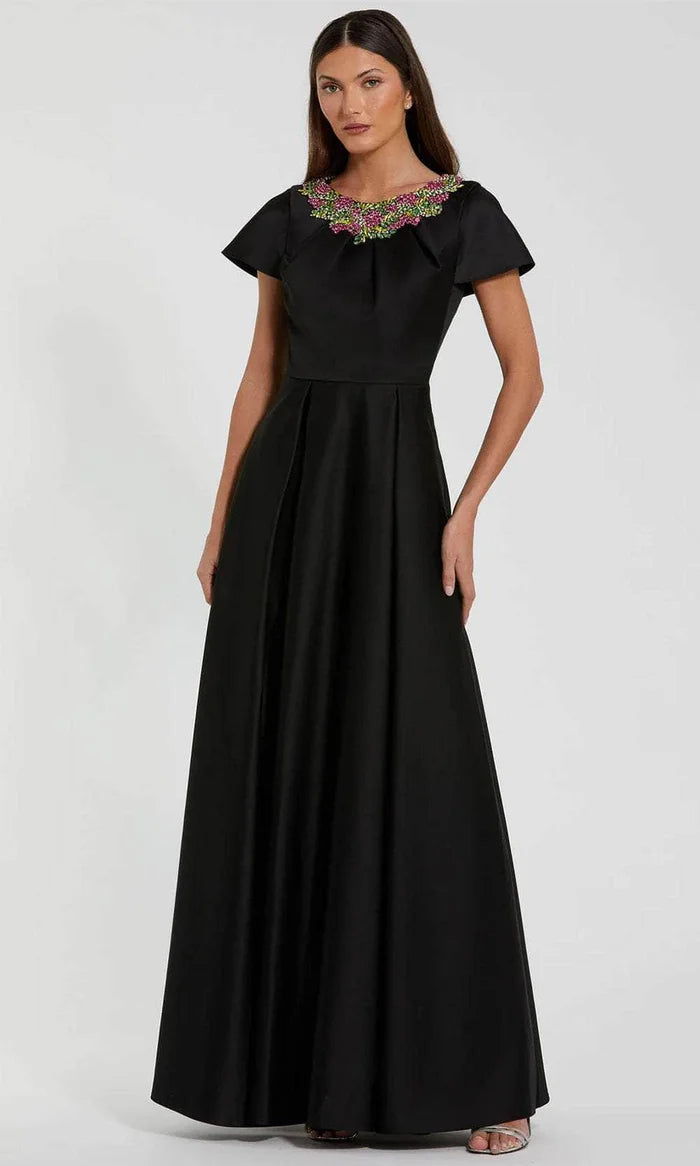 Elegant Ballgown Crew-Neck Cap-Sleeve-Zip-Back Black Satin Floor-Length Mother of the Bride Dresses