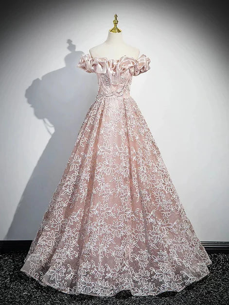 Elegant Ballgown Off-Shoulder Lace-Tulle Floral Ruffled Lace-Up Back Floor-Length Evening Dresses
