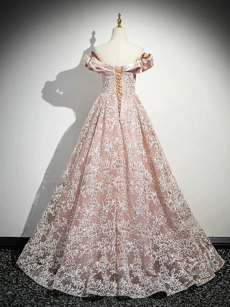 Elegant Ballgown Off-Shoulder Lace-Tulle Floral Ruffled Lace-Up Back Floor-Length Evening Dresses