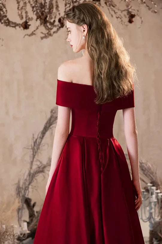 Elegant Ballgown Off-Shoulder Satin Bow-Accent Lace-Up Back Floor-Length Evening Dresses