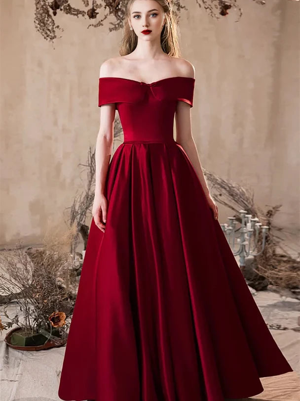 Elegant Ballgown Off-Shoulder Satin Bow-Accent Lace-Up Back Floor-Length Evening Dresses