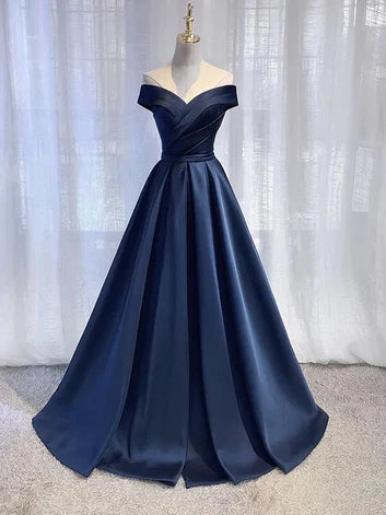 Elegant Ballgown Off-Shoulder Satin Cross-Wrap Back-Zip Floor-Length Evening Dresses