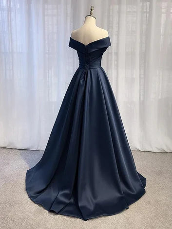 Elegant Ballgown Off-Shoulder Satin Cross-Wrap Back-Zip Floor-Length Evening Dresses