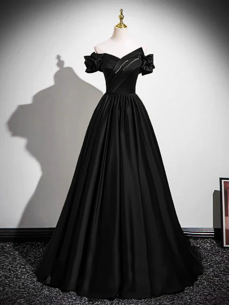 Elegant Ballgown Off-Shoulder Satin Crystal-Accent Lace-Up Back Floor-Length Evening Dresses