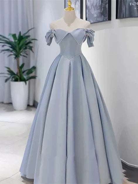 Elegant Ballgown Off-Shoulder Satin Pearl-Trim Bow-Back Floor-Length Evening Dresses