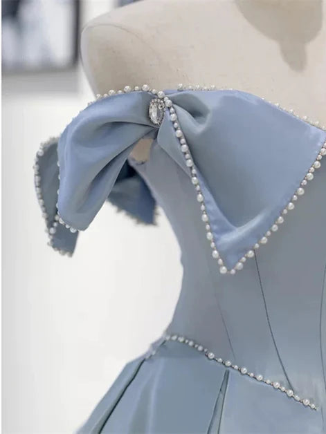 Elegant Ballgown Off-Shoulder Satin Pearl-Trim Bow-Back Floor-Length Evening Dresses