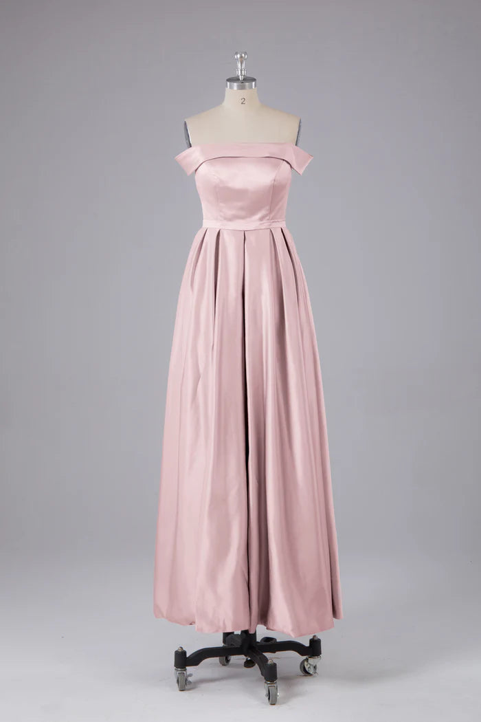 Elegant Ballgown Off-Shoulder Sleeveless V-Back Satin Floor-Length Bridesmaid Dresses