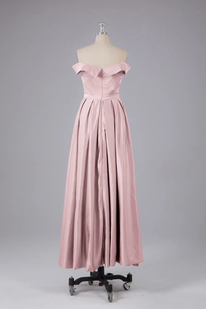 Elegant Ballgown Off-Shoulder Sleeveless V-Back Satin Floor-Length Bridesmaid Dresses