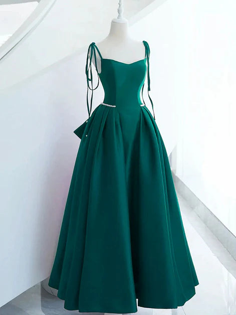 Elegant Ballgown Spaghetti-Strap Satin Pearl-Trim Bow-Back Floor-Length Evening Dresses