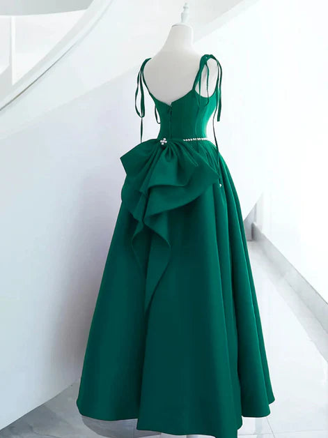 Elegant Ballgown Spaghetti-Strap Satin Pearl-Trim Bow-Back Floor-Length Evening Dresses