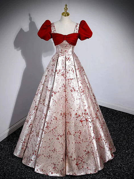 Elegant Ballgown Square-Neck Brocade Contrast Puff-Sleeve Lace-Up Back Floor-Length Evening Dresses
