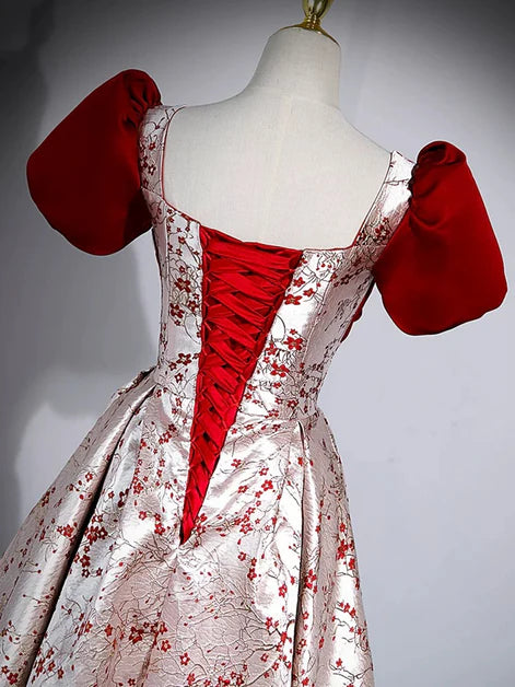 Elegant Ballgown Square-Neck Brocade Contrast Puff-Sleeve Lace-Up Back Floor-Length Evening Dresses