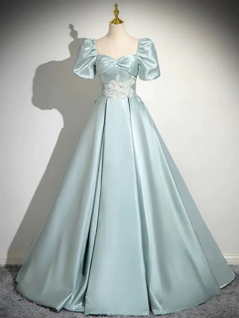 Elegant Ballgown Square-Neck Satin Puff-Sleeve Lace-Appliqué Lace-Up Back Floor-Length Evening Dresses