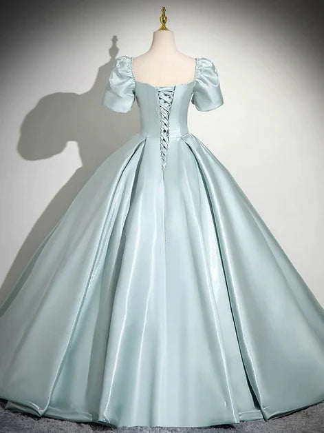 Elegant Ballgown Square-Neck Satin Puff-Sleeve Lace-Appliqué Lace-Up Back Floor-Length Evening Dresses
