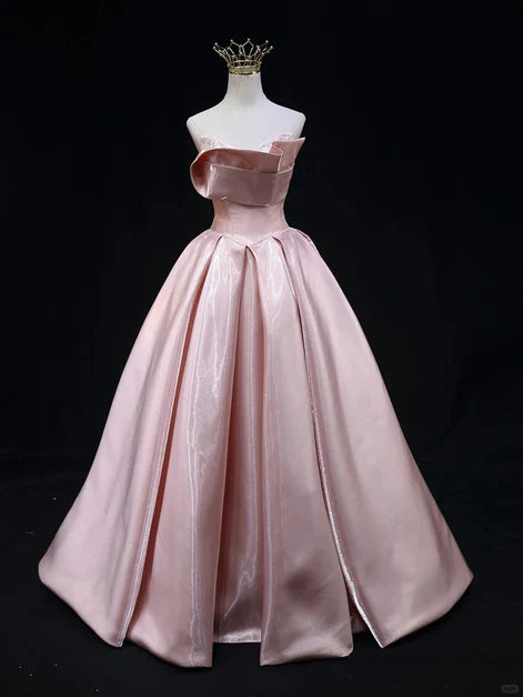 Elegant Ballgown Strapless Satin Ruffled Lace-Trim Back-Zip Floor-Length Evening Dresses