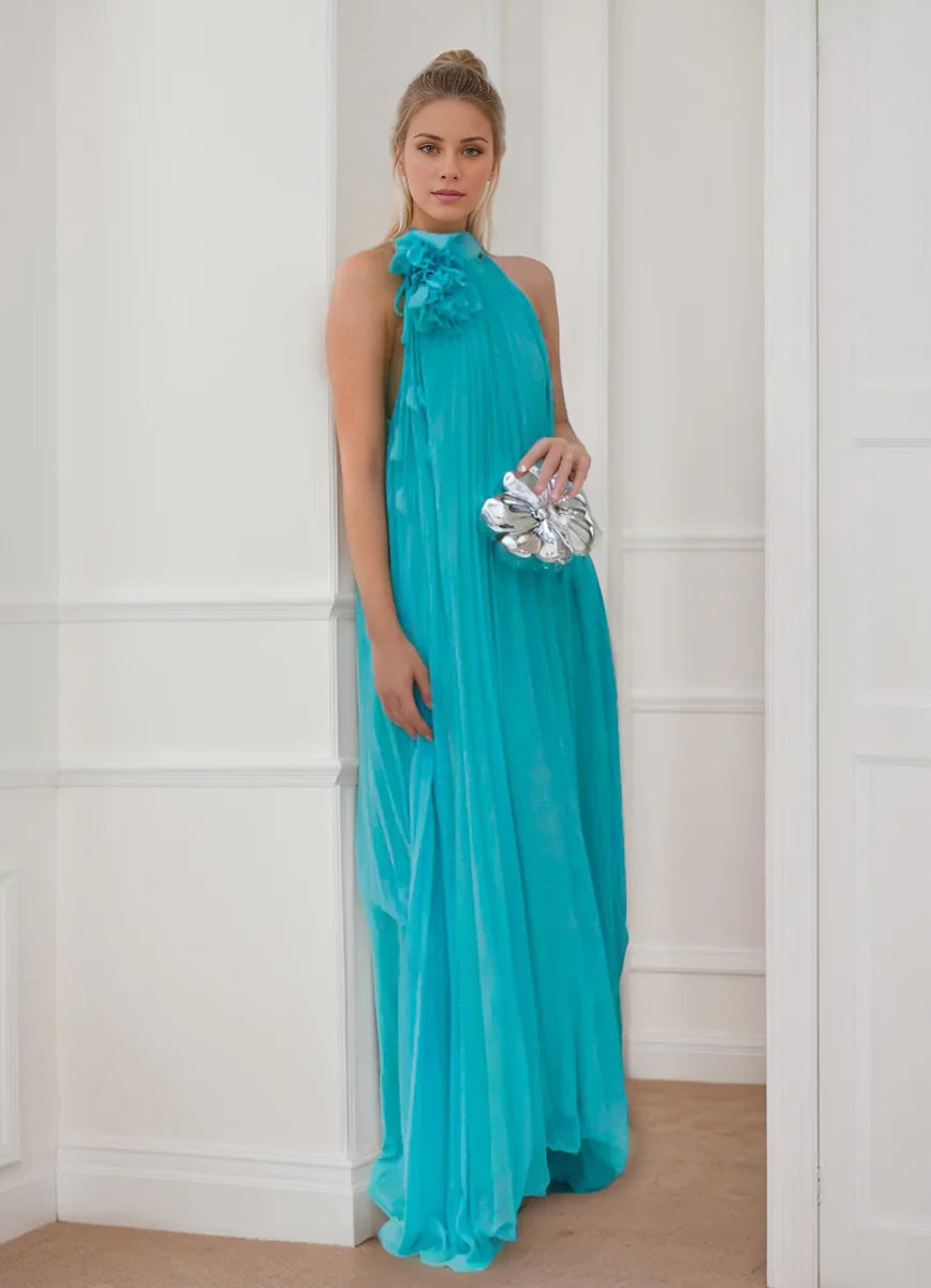 Elegant Loose-Fitting Halter Sleeveless Open Back Floor Length Evening Dress