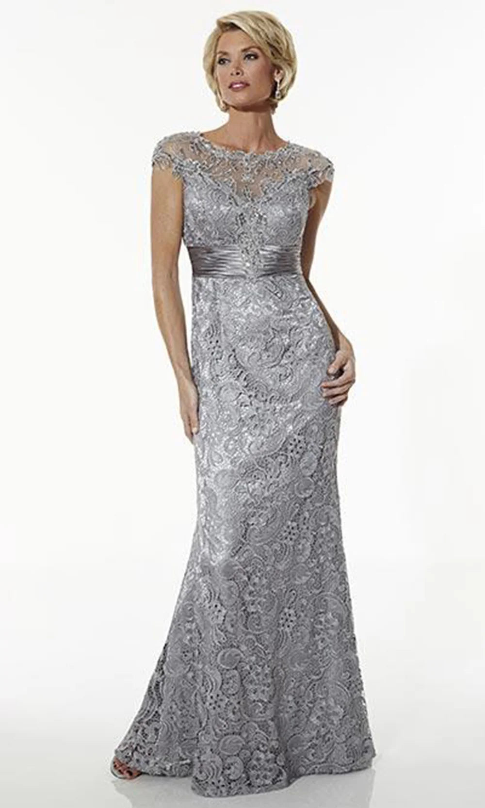Elegant Mermaid Boat-Neck Cap-Sleeve Cut-Out-Back Silver Beaded-Lace Floor-Length Mother of the Bride Dresses