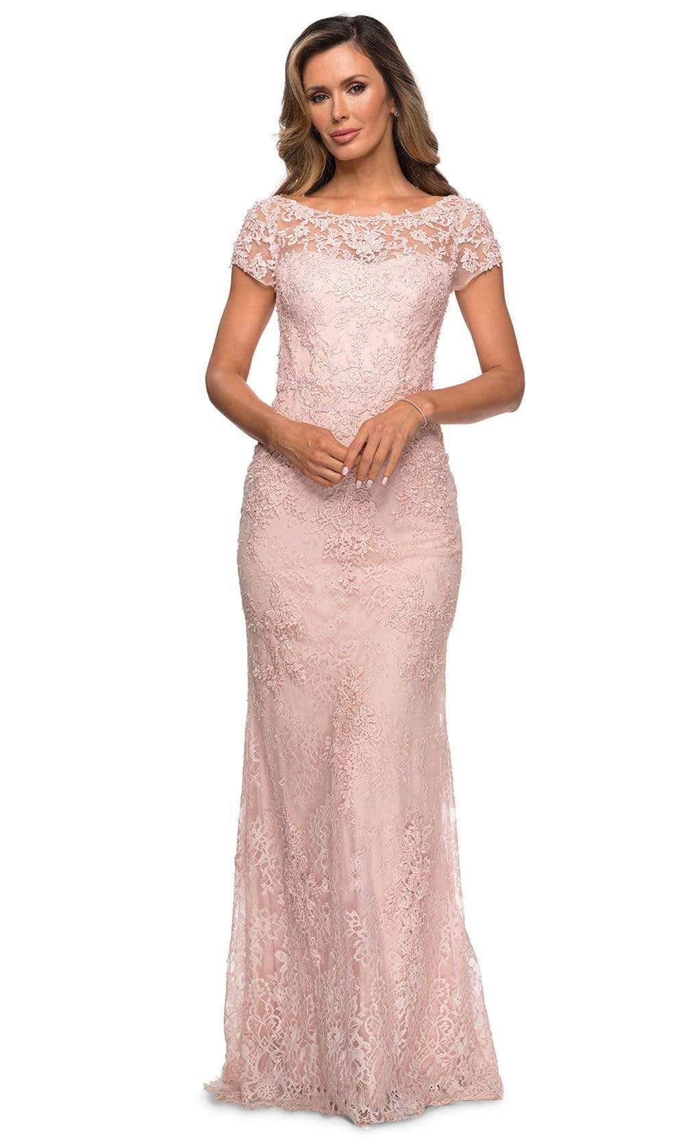 Elegant Mermaid Boat-Neck Cap-Sleeve Lace-Back Blush Floral-Lace Tulle Floor-Length Mother of the Bride Dresses